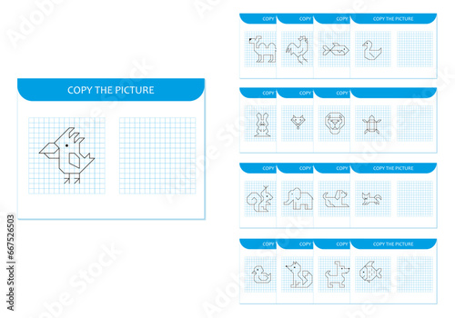 Set of 17 educational drawing exercise game for children. Copy the picture using grid. Vector illustration. 