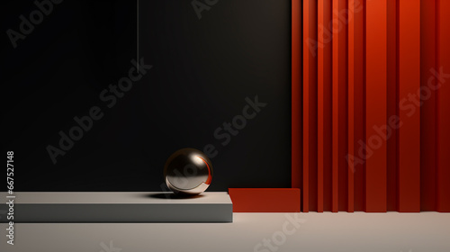 Stylish luxurious red geometric background with chrome ball on the podium with copy space