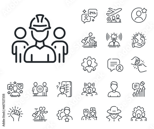 Engineer or architect group sign. Specialist, doctor and job competition outline icons. Engineering team line icon. Construction helmet symbol. Engineering team line sign. Vector