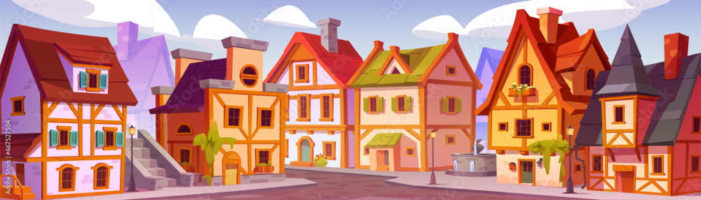 Medieval traditional german city street houses. Cartoon vector illustration cityscape with old town homes with wood fachwerk. Half-timbered buildings with stone pavement sidewalk, fountain and lantern