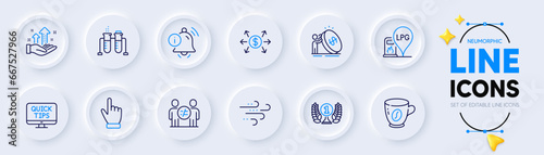 Dollar exchange, Windy weather and Chemistry beaker line icons for web app. Pack of Web tutorials, Information bell, Coffee pictogram icons. Cursor, Analysis graph, Discrimination signs. Vector © blankstock