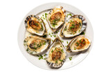 Grilled Oysters with Garlic and Parmesan on transparent background.