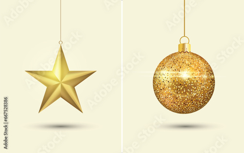 Realistic christmas golden star and golden ball vector