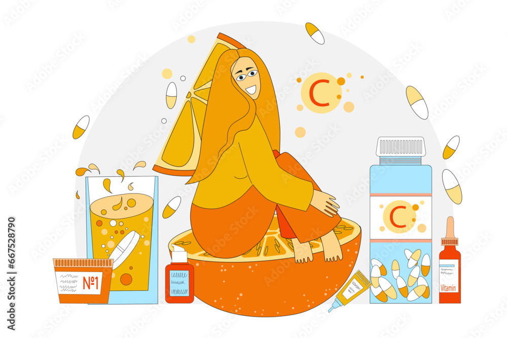 Vector illustration of a girl sitting on an orange among jars, cones