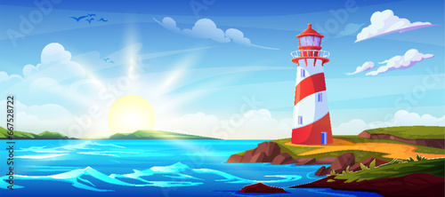 Summer cartoon landscape with lighthouse on rocky coast of ocean or sea. Vector panoramic illustration of seashore with light beacon tower on cliff, waved water, blue sky with sun and clouds.