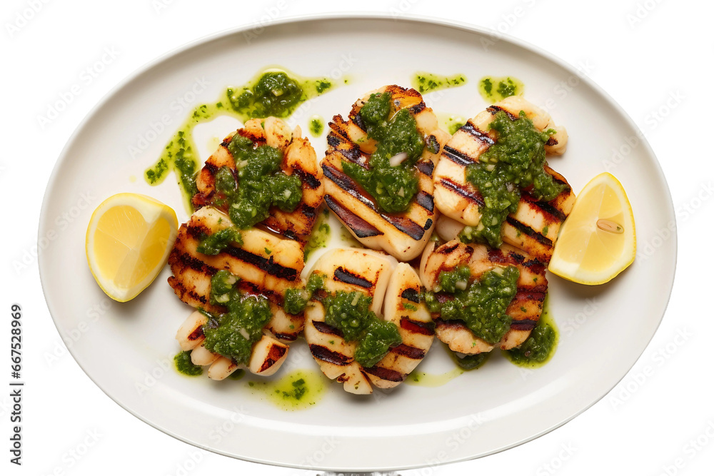 Grilled Squid Skewers with Chimichurri Sauce on transparent background.