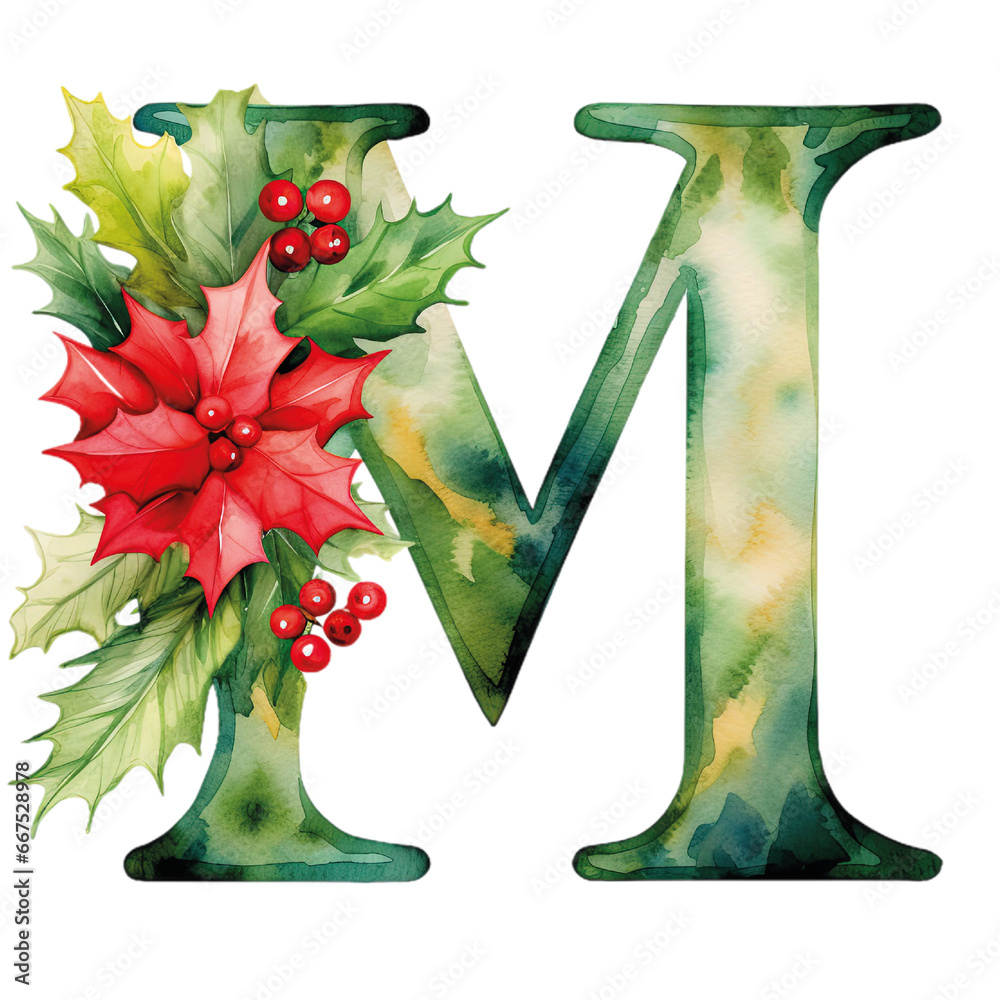 Christmas Alphabet Letter M, Watercolour Letter, Christmas Theme Stock