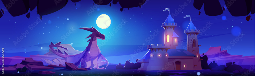 Naklejka premium Large dragon sits near medieval castle at night under moonlight. Fantasy dangerous animal with wings and tail beside royal palace at dusk. Cartoon vector fairy tale landscape with kingdom and creature