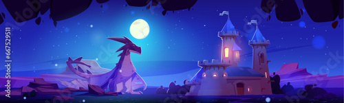 Large dragon sits near medieval castle at night under moonlight. Fantasy dangerous animal with wings and tail beside royal palace at dusk. Cartoon vector fairy tale landscape with kingdom and creature