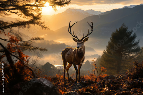 Majestic Wildlife Amidst a Serene Forest Landscape at Sunset. Majestic deer in natural wilderness at sunset. (ID: 667529552)