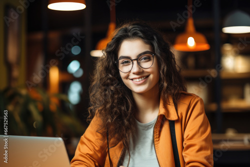 Woman with glasses sitting in front of laptop. This image can be used to depict concepts related to technology, work, remote work, online communication, and productivity