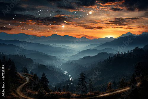 Majestic Sunrise over Tranquil Mountain Range in Nature's Beauty. A serene sunrise over a misty mountain peak in a peaceful valley. (ID: 667529579)