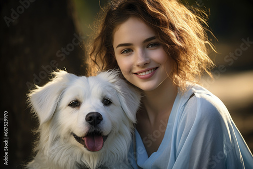 Beautiful young lady holding white dog. Perfect for pet lovers and dog enthusiasts