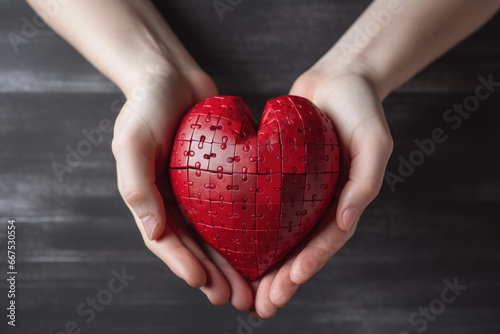 Person holding red heart made of puzzle pieces. Love, relationships, or concept of finding missing piece. Perfect for Valentine\'s Day promotions or mental health awareness campaigns