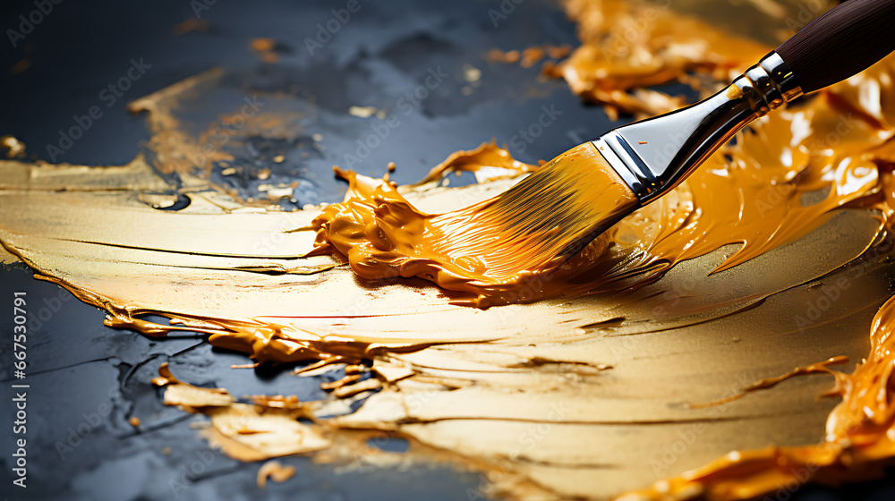 Isolated Paintbrush Applying Gold Leaf to a Canvas - obrazy, fototapety, plakaty 