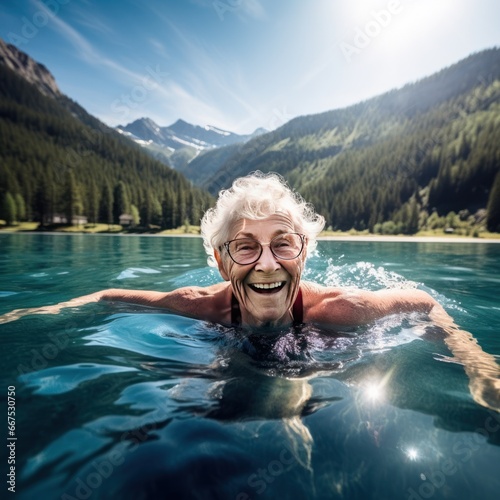 senior woman swimming in lake,senior woman happy with nature