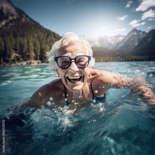 senior woman swimming in lake,senior woman happy with nature © CStock