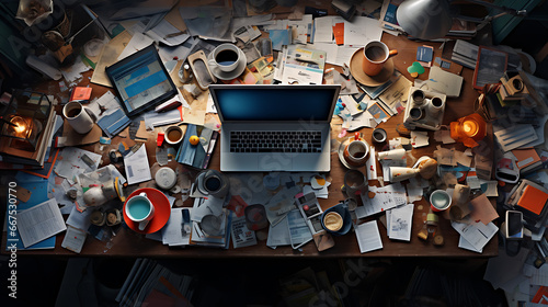 Bird's-eye View of a Chaotic Office Desk