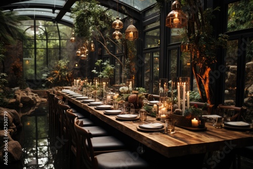 Modern restaurant with dark interior decorated for wedding