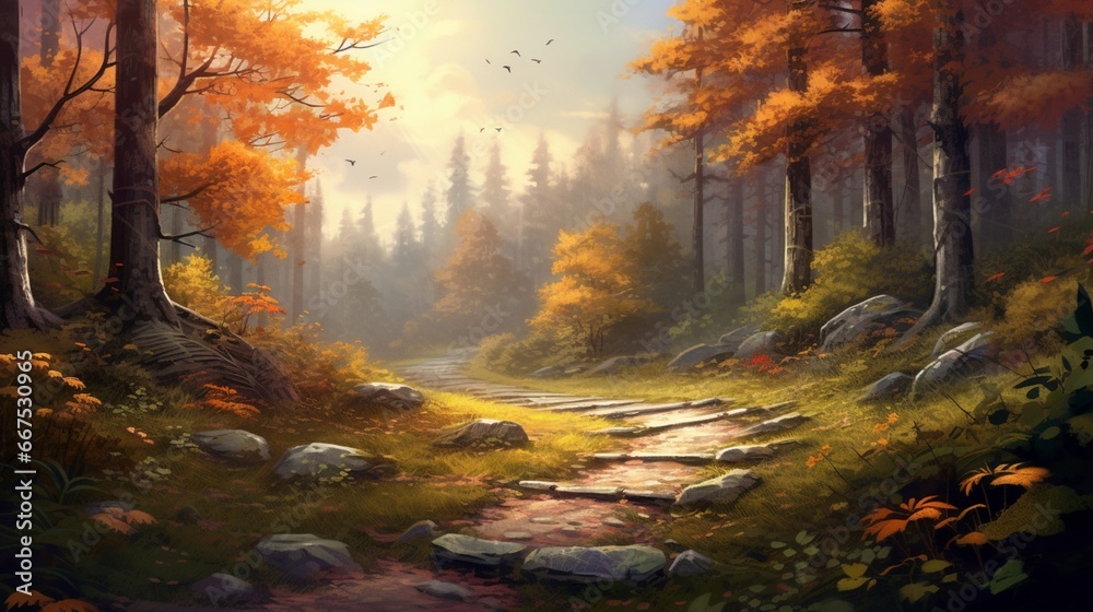 A winding path through a tranquil forest, blanketed in the soft hues of autumn.