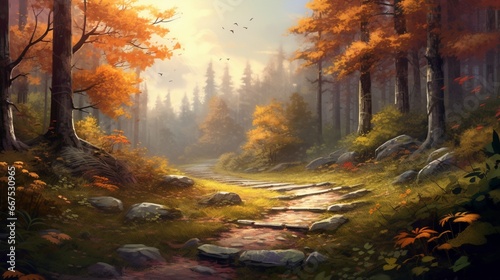 A winding path through a tranquil forest  blanketed in the soft hues of autumn.