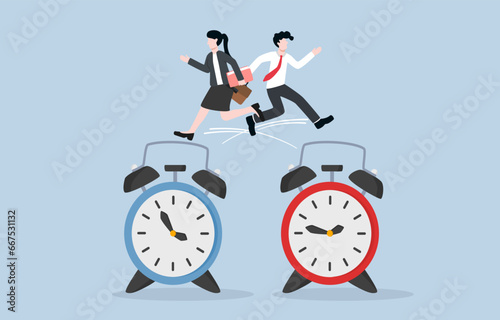 Swap work shifts, shift management and flexibility at work concept, Businessman jumping to working clock of colleague while his colleague jumping to his working clock.