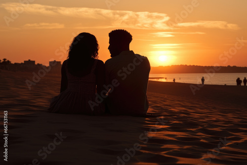Picture of man and woman sitting on beach at sunset. Perfect for travel or romantic-themed projects