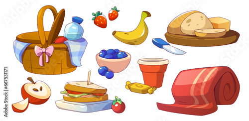 Wicker basket with rolled red blanket and food and drinks for picnic in park. Cartoon ready-to-eat meals and accessories for outdoor lunch - sandwich and bread, fruits and berries, water in bottle.