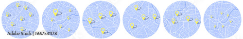 Multiple destinations. Map city with gps pins. Alternative location system. Urban map with pointers. Decorative graphic tourist map City top view. Abstract background, information pointers. Vector