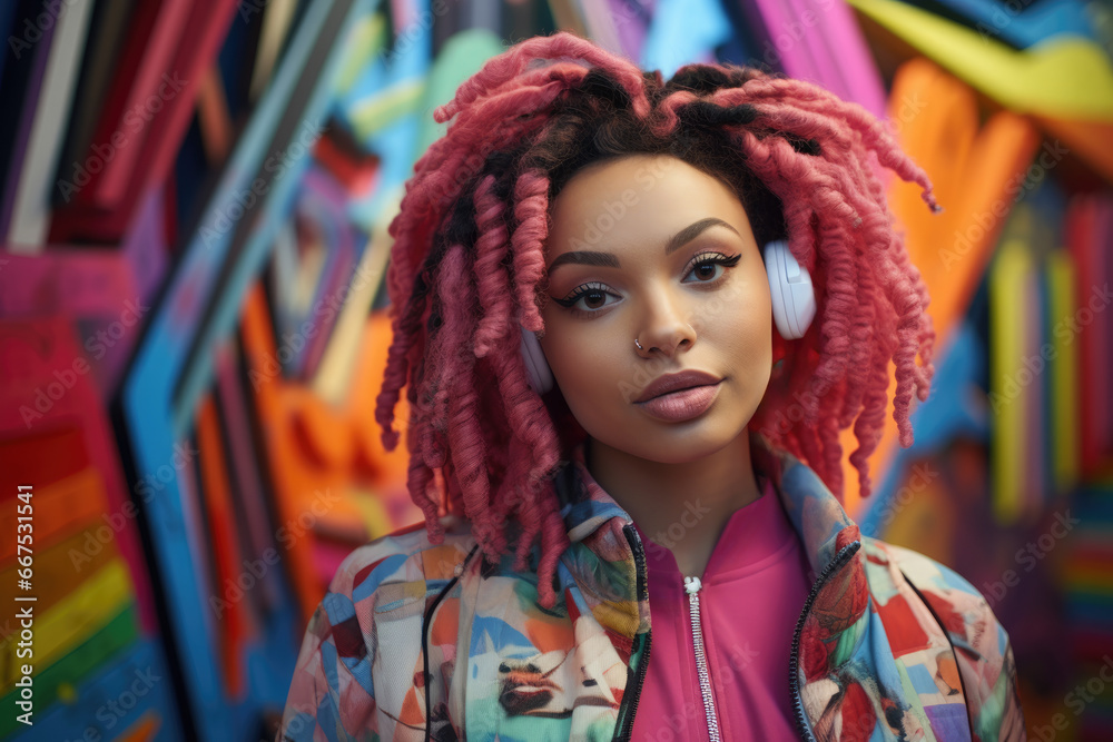 Woman with vibrant pink hair wearing headphones. Perfect for music lovers or individuals who want to express their unique style Woman with vibrant pink hair wearing headphones. Perfect for music lovers or individuals who want to express their unique style