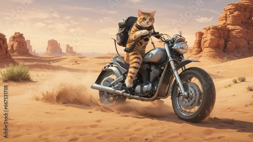 a cat riding a motorcycle in the desert
