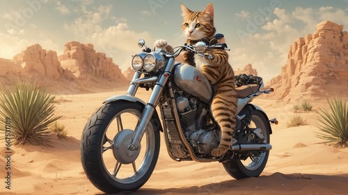 a cat sitting on the back of a motorcycle in the desert