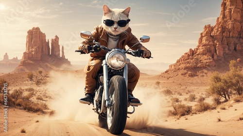 a cat wearing sunglasses riding a motorcycle in the desert