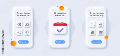 Receive file, Paper clip and Shop line icons pack. 3d phone mockups with calendar. Glass smartphone screen. Coffee cup, Upload, Surprise web icon. Update relationships, Headhunting pictogram. Vector