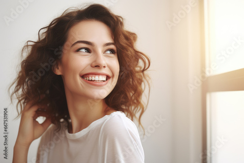 Woman with curly hair smiling in front of window. Perfect for showcasing joy and natural beauty.