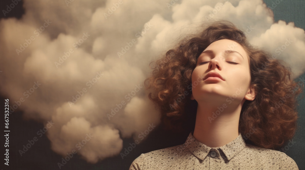 Woman with her eyes closed and cloud above her head. This image can be used to represent peace, relaxation, or deep thought