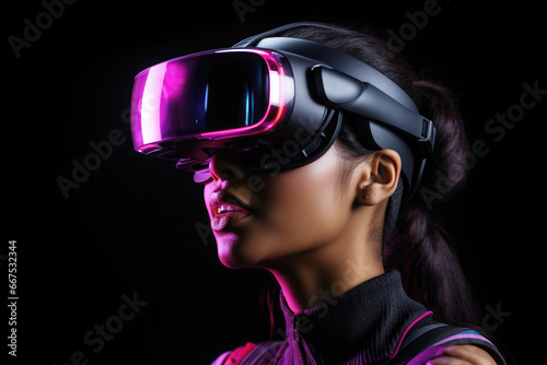 Woman wearing virtual reality headset, experiencing virtual world. Perfect for illustrating concept of virtual reality technology. © vefimov