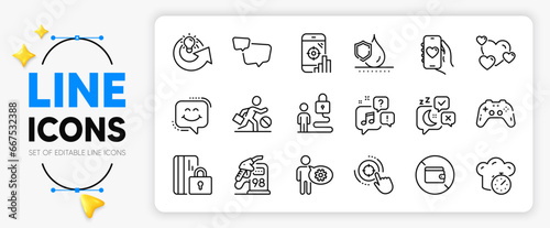 Voicemail, Blocked card and Share idea line icons set for app include Speech bubble, Seo phone, Cogwheel outline thin icon. Seo target, Waterproof, Heart pictogram icon. Petrol station. Vector