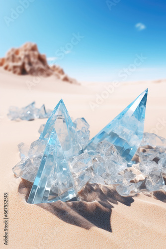 A pile of ice crystals sitting on top of a sandy beach. Perfect for winter-themed designs or concepts related to climate change and contrasting elements.