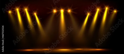 Gold abstract stage with spotlight for party show. Golden luxury award scene design template. Premium broadway backdrop or elegant disco studio. Light beam cinema or concert banner with royal flare