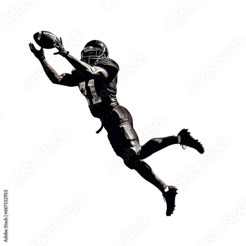 Black silhouette of a male American football athlete in-game action, throwing the football, running, passing, receiving, tackling, blocking, punting, intercepting the ball