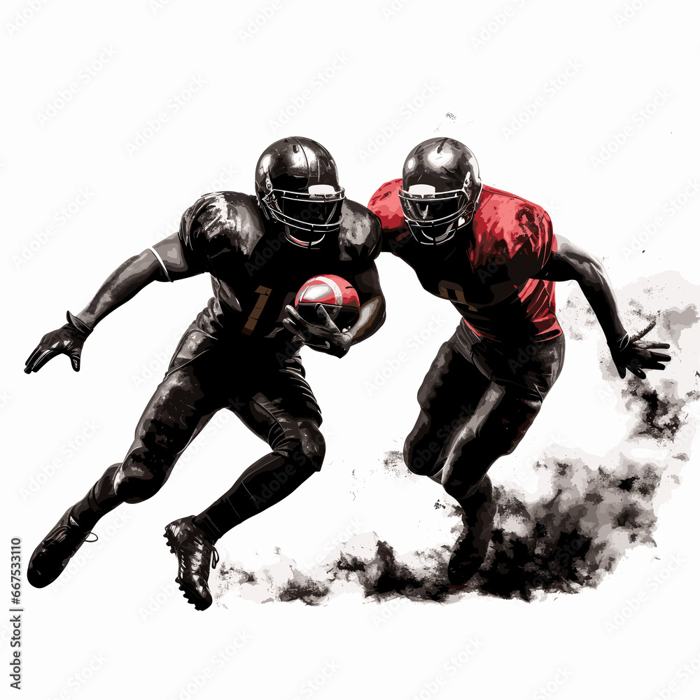 Black silhouette of a male American football athlete in-game action, throwing the football, running, passing, receiving, tackling, blocking, punting, intercepting the ball