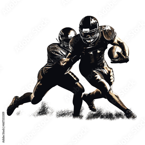 Black silhouette of a male American football athlete in-game action, throwing the football, running, passing, receiving, tackling, blocking, punting, intercepting the ball photo