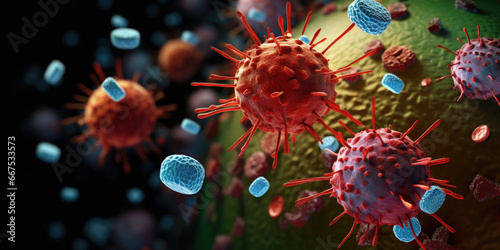 A close-up view of a bunch of red and blue viruses. This image can be used in medical presentations or articles about viral infections.