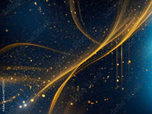 Abstract digital wallpaper in blue and golden tones with bits and information flowing.