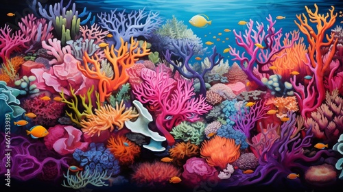 An overhead shot of a coral reef, bursting with colors and teeming with marine life. © baloch