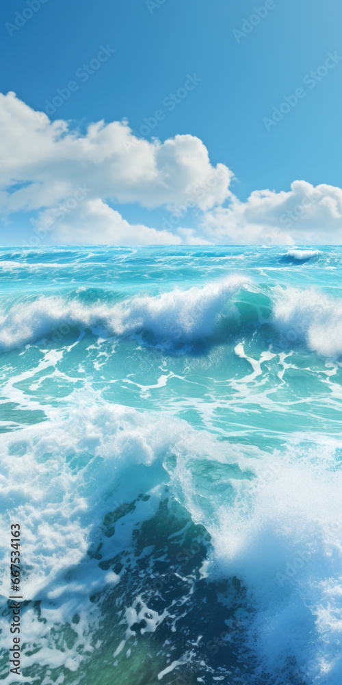 A beautiful painting depicting a serene blue ocean with fluffy white clouds. This picture can be used to add a calming and peaceful touch to various projects.