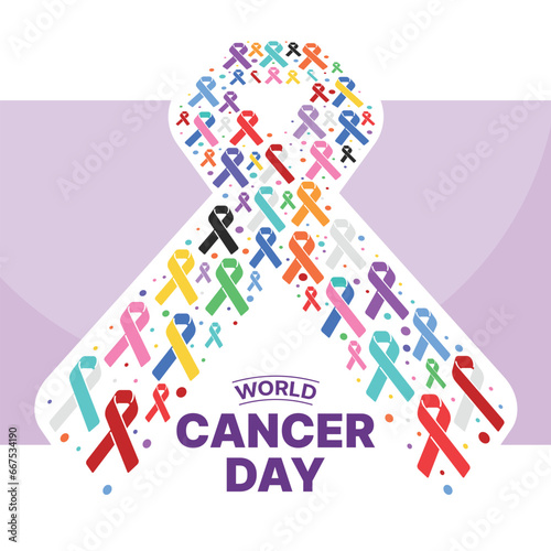 World Cancer Day - Ribbon symbol with set of ribbons of different colors against cancer and colorful dot bubble around vector design