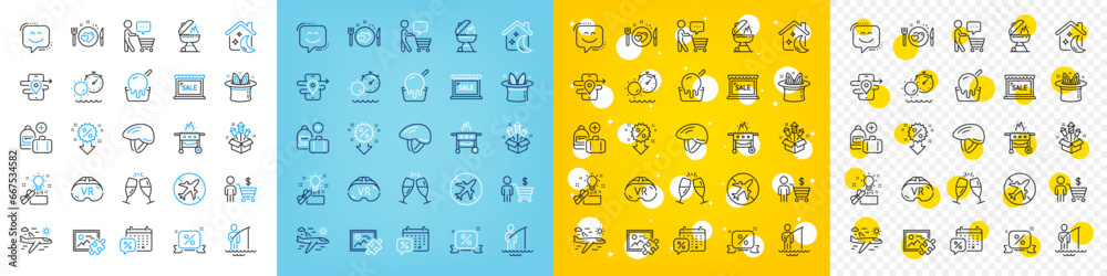 Vector icons set of Fisherman, Bicycle helmet and Gps line icons pack for web with Buyer, Sale, Grill outline icon. Add handbag, Creative idea, Puzzle image pictogram. Romantic dinner. Vector