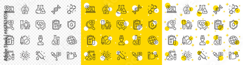 Drug testing, scientific discovery and disease prevention signs. Medical healthcare, doctor line icons. Chemical formula, medical doctor research, chemistry testing lab icons. Vector